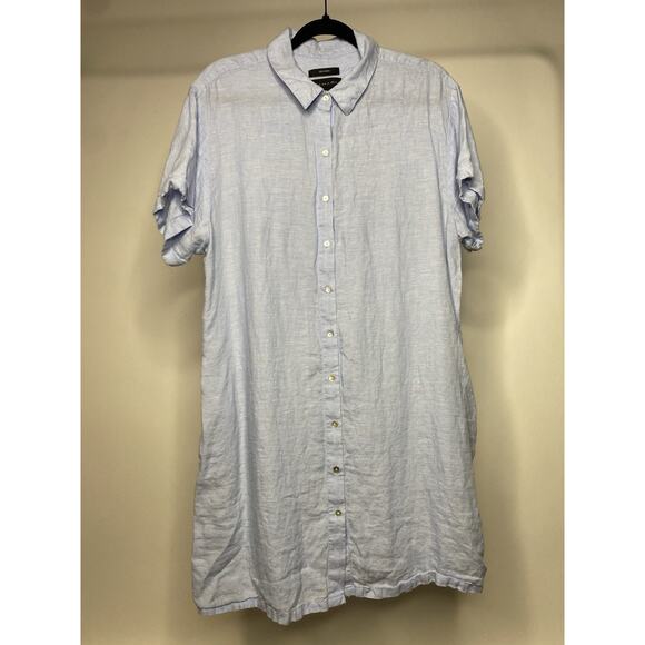 Tahari Women's XL Shirt Dress Blue Button Up Short Sleeve 100% Linen Pockets - Picture 1 of 5